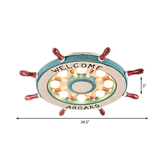 Nautical Wood Rudder Flushmount Ceiling Lamp - 8-Light Childrens Room Lighting In Green/Red With