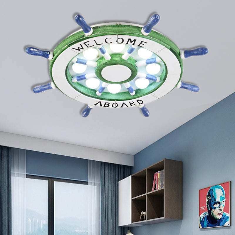 Nautical Wood Rudder Flushmount Ceiling Lamp - 8-Light Children’s Room Lighting In Green/Red With