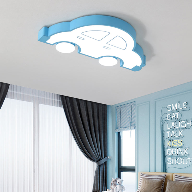 Led Indoor Flushmount Light With Car Cartoon Acrylic Shade Stylish Blue/Pink Ceiling Lamp In