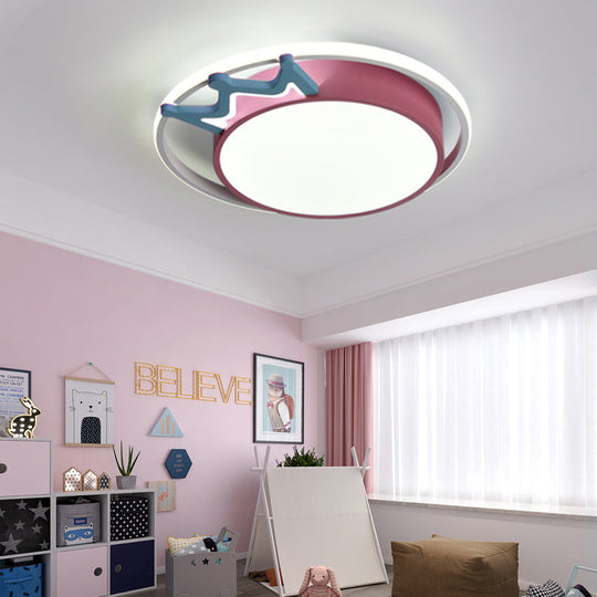 Cartoon Style Flush Mount Led Ceiling Light With Acrylic Shade And Crown Deco In Blue/Pink