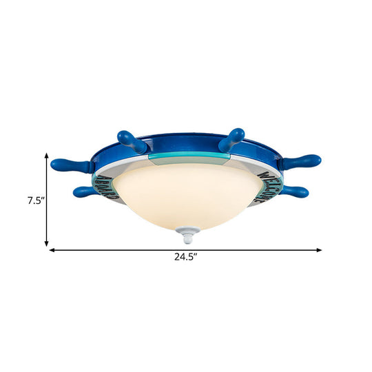 Nautical Style Led Flushmount Light With Blue Milk Glass Shade For Bedroom