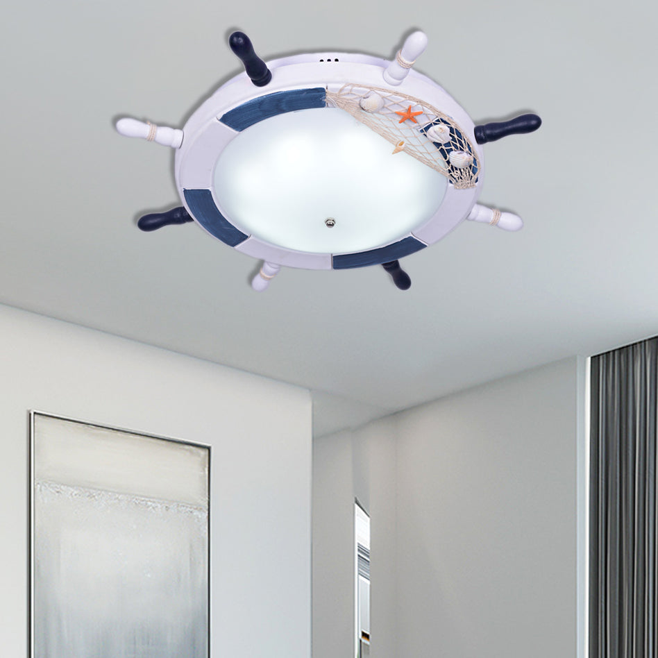 Rudder Wooden Flush Mount Lamp - Nautical Style Led Ceiling Light With Frosted Glass Shade