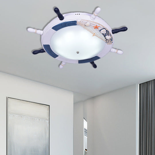 Rudder Wooden Flush Mount Lamp - Nautical Style Led Ceiling Light With Frosted Glass Shade