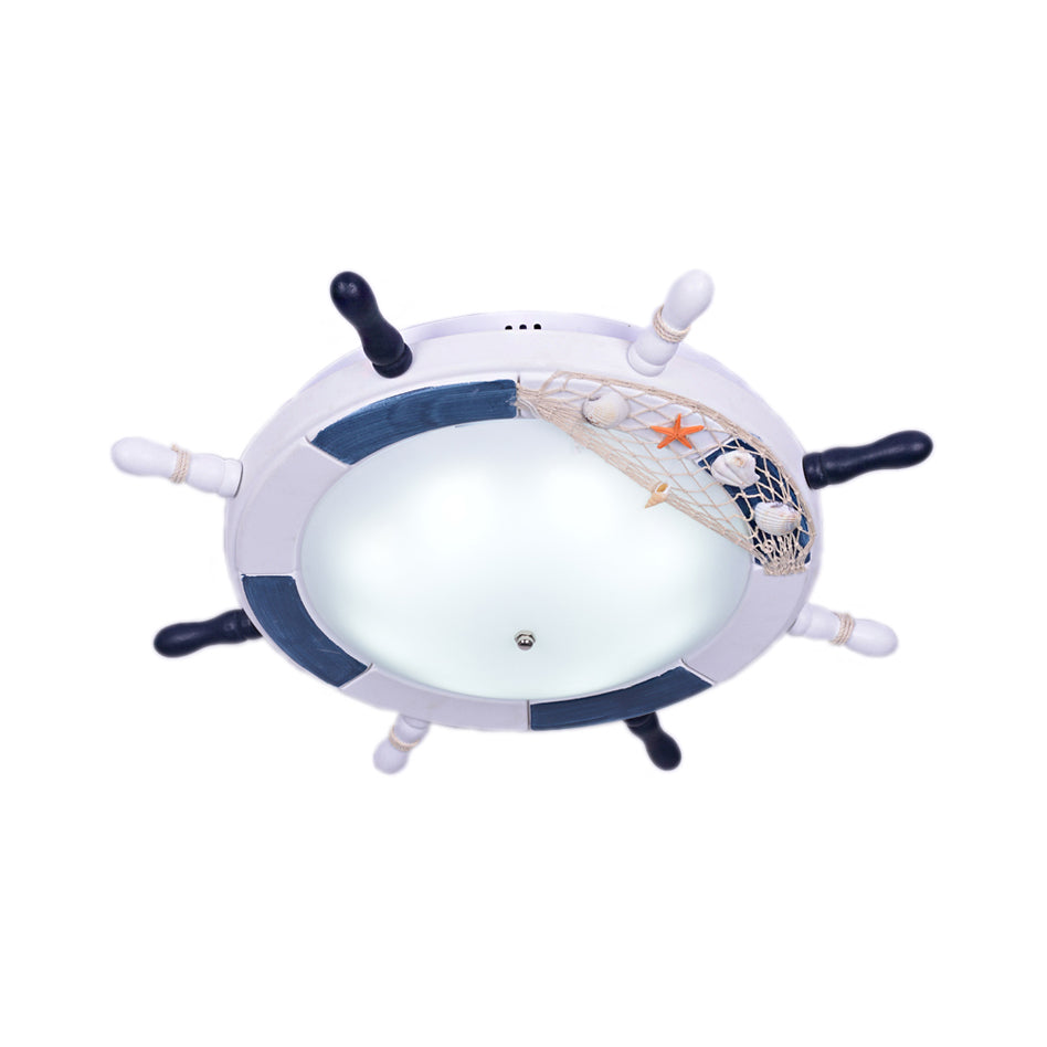 Rudder Wooden Flush Mount Lamp - Nautical Style Led Ceiling Light With Frosted Glass Shade