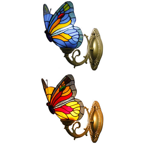 Country Style Stained Glass Butterfly Sconce Light - Red/Blue Wall Mount Lighting