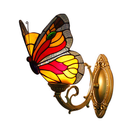 Country Style Stained Glass Butterfly Sconce Light - Red/Blue Wall Mount Lighting