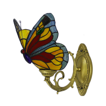 Country Style Stained Glass Butterfly Sconce Light - Red/Blue Wall Mount Lighting