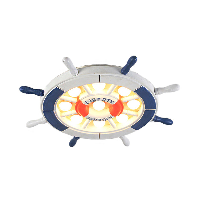 Nautical Style Led Blue Flush Ceiling Light With Rudder Wood Shade
