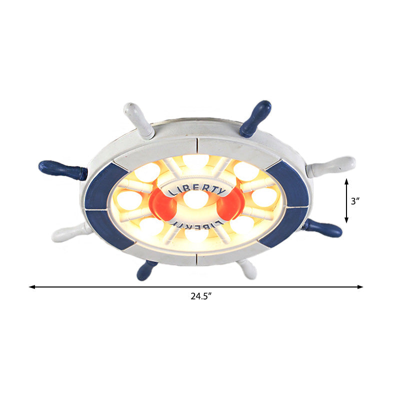 Nautical Style Led Blue Flush Ceiling Light With Rudder Wood Shade