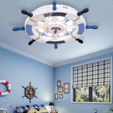 Nautical Style Led Blue Flush Ceiling Light With Rudder Wood Shade / A