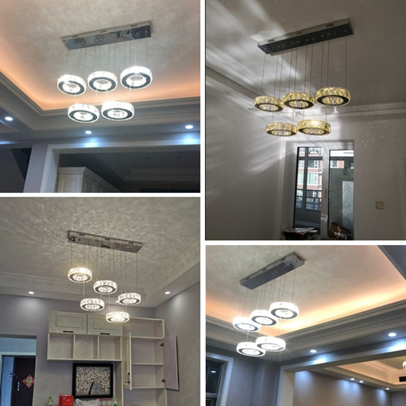 Sleek Stainless-Steel Led Pendant Light With Circle Shaped Faceted Crystal