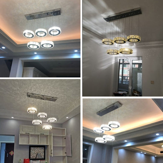 Sleek Stainless-Steel Led Pendant Light With Circle Shaped Faceted Crystal