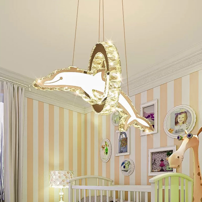 Dolphin And Ring Chandelier Kids Led Pendant Light For Nursery - Crystal Stainless Steel Fixture