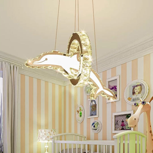 Dolphin And Ring Chandelier Kids Led Pendant Light For Nursery - Crystal Stainless Steel Fixture