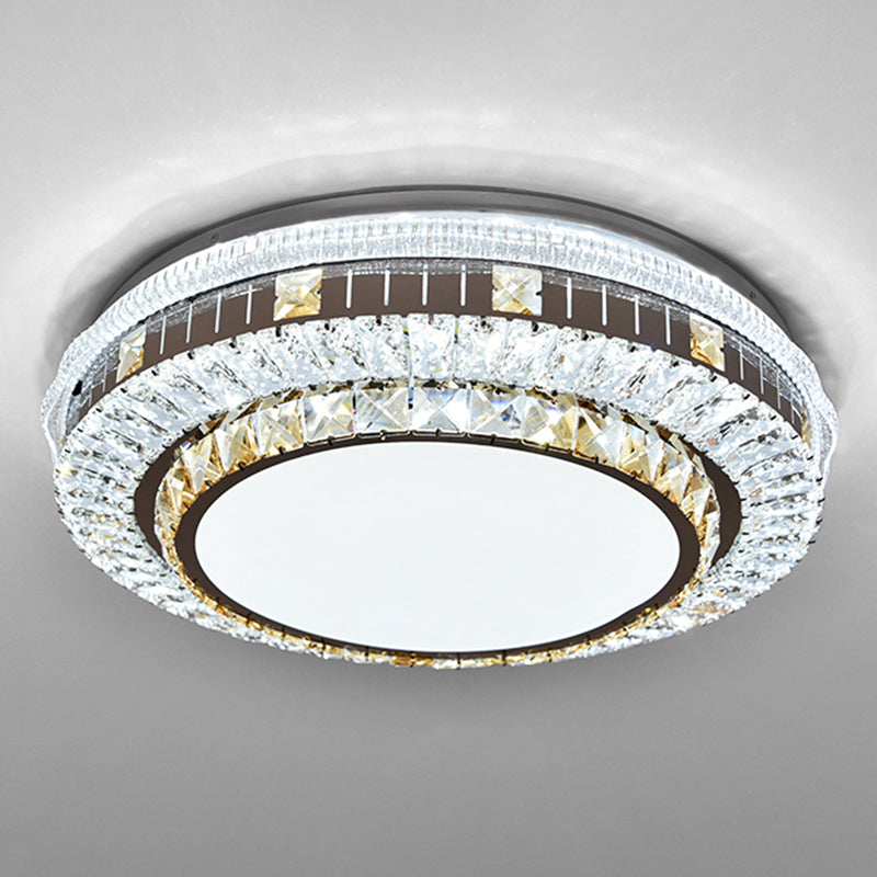 Sleek Stainless-Steel Drum Led Flush Mount Light With Crystal Accent Perfect For Bedrooms / Remote