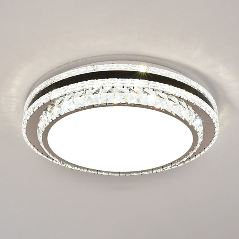 Sleek Stainless - Steel Drum Led Flush Mount Light With Crystal Accent – Perfect For Bedrooms /
