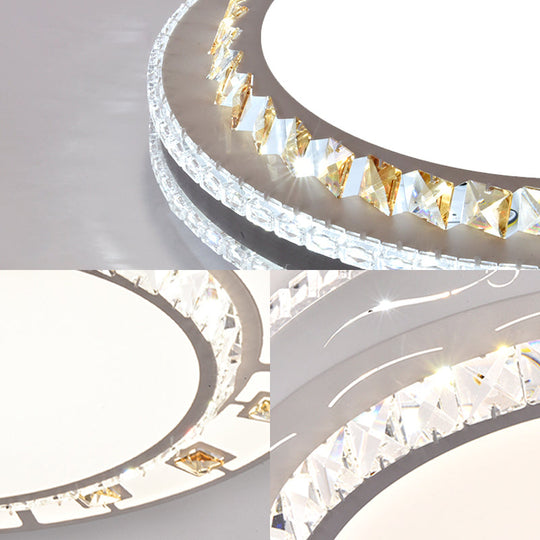 Sleek Stainless-Steel Drum Led Flush Mount Light With Crystal Accent Perfect For Bedrooms