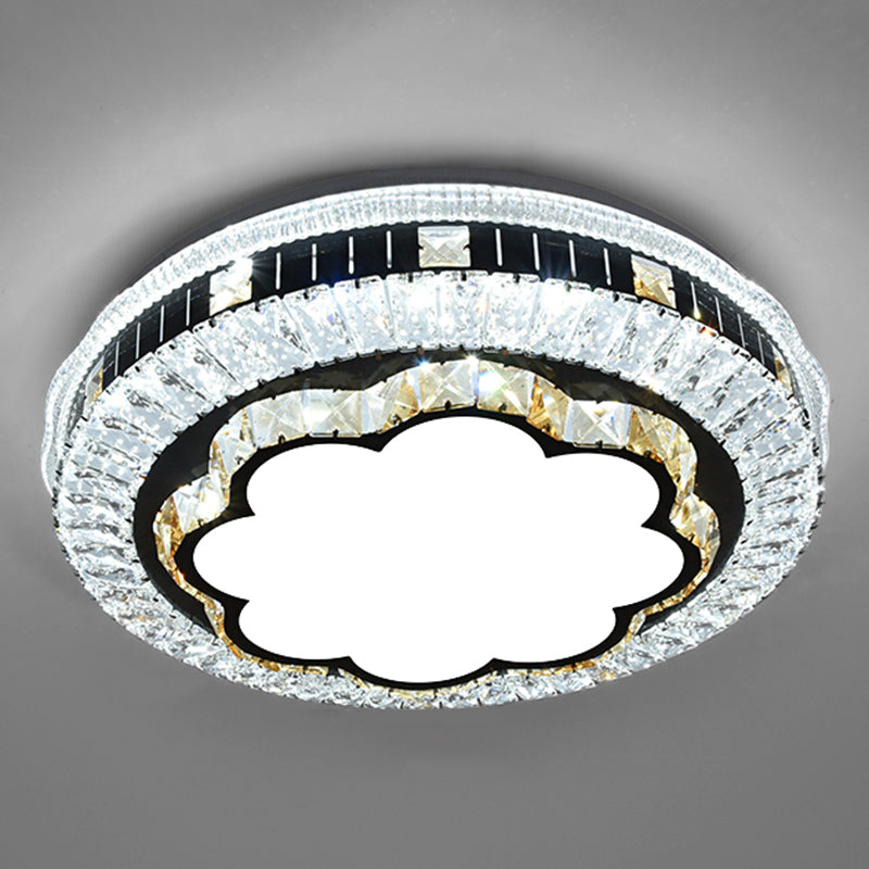 Sleek Stainless-Steel Drum Led Flush Mount Light With Crystal Accent Perfect For Bedrooms / Remote