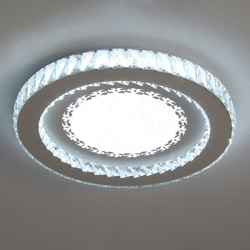 Contemporary Crystal Led Bedroom Ceiling Light In Stainless-Steel Flush Mount / White Leaf