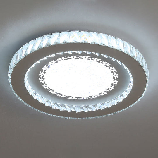 Contemporary Crystal Led Bedroom Ceiling Light In Stainless-Steel Flush Mount / White Leaf