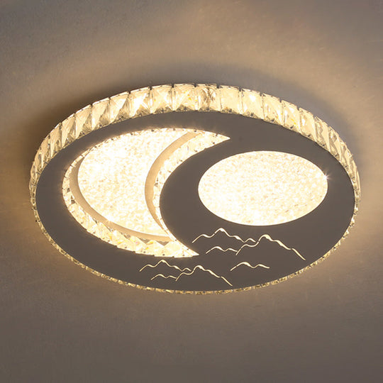 Contemporary Crystal Led Bedroom Ceiling Light In Stainless-Steel Flush Mount / Warm Moon