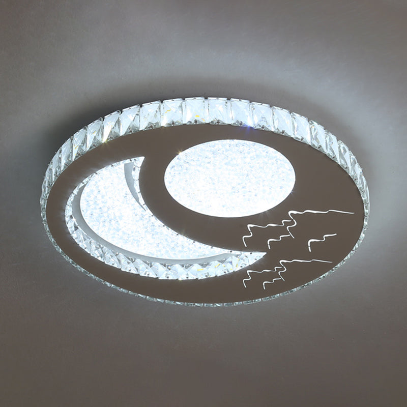 Contemporary Crystal Led Bedroom Ceiling Light In Stainless-Steel Flush Mount / White Moon