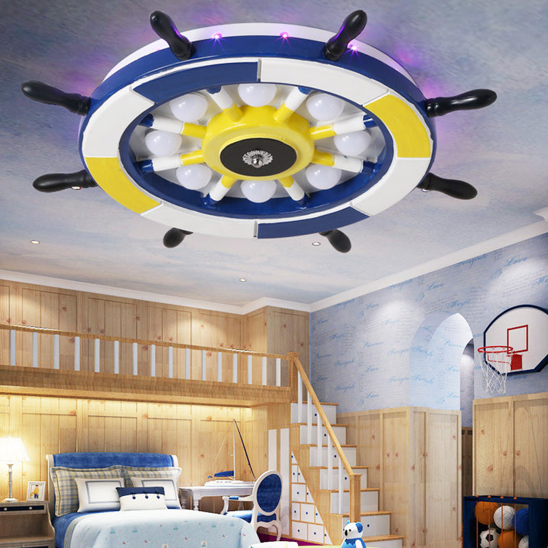 Nautical Style Led Wood Shade Flush Mount Ceiling Light - Blue Finish Dome/Rudder Design / Rudder