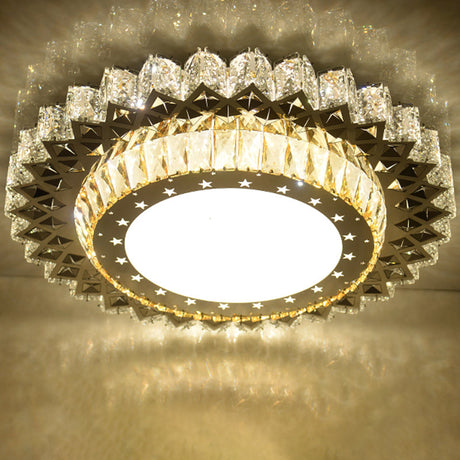 Modern Crystal Led Ceiling Light Fixture For Dining Room - Circular Flush Design With Stainless