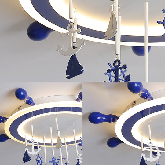 Children’s Blue Nautical Rudder Flushmount Led Ceiling Light With Anchor Deco - Warm/White