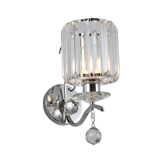 Modernist Chrome Cylinder Wall Sconce With Clear Crystal Orbit Drop - 1 Bulb Lighting