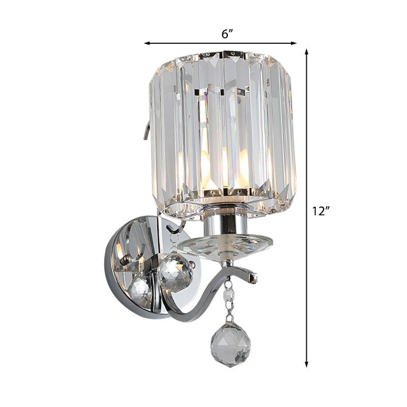 Modernist Chrome Cylinder Wall Sconce With Clear Crystal Orbit Drop - 1 Bulb Lighting