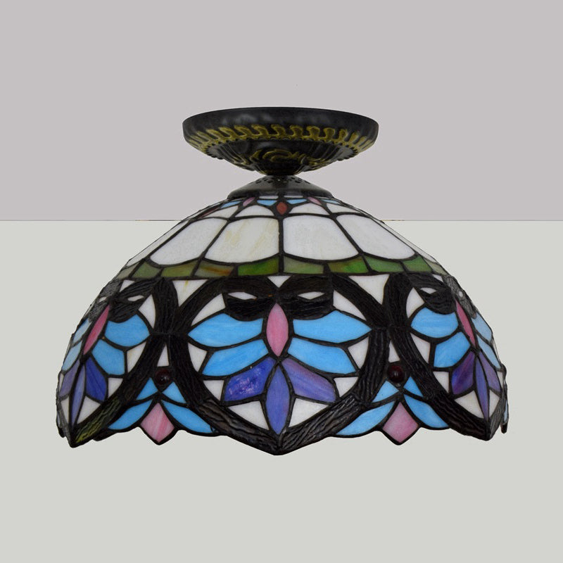 Victorian Flower Cut Glass Brass Ceiling Light With Globe/Dome Shade - 8.5’/12’W Flush Mount Fixture
