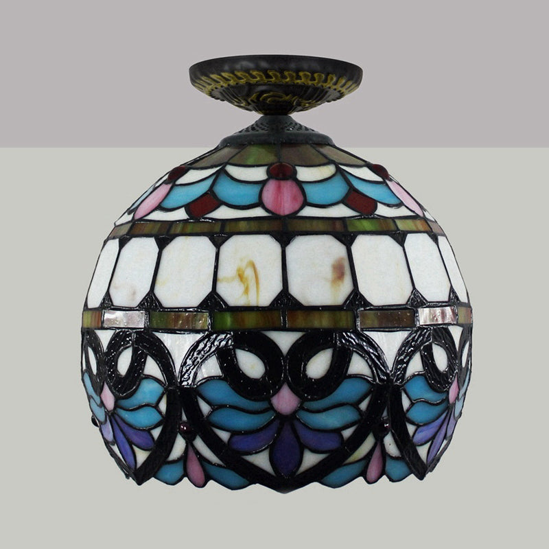 Victorian Flower Cut Glass Brass Ceiling Light With Globe/Dome Shade - 8.5’/12’W Flush Mount Fixture