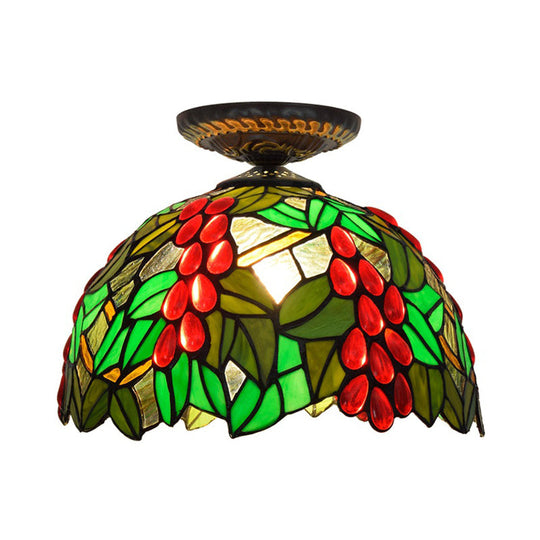 Victorian Domed Flush Ceiling Light - Brass With Grape Pattern 12/16.5 Width Stained Glass 1-Light