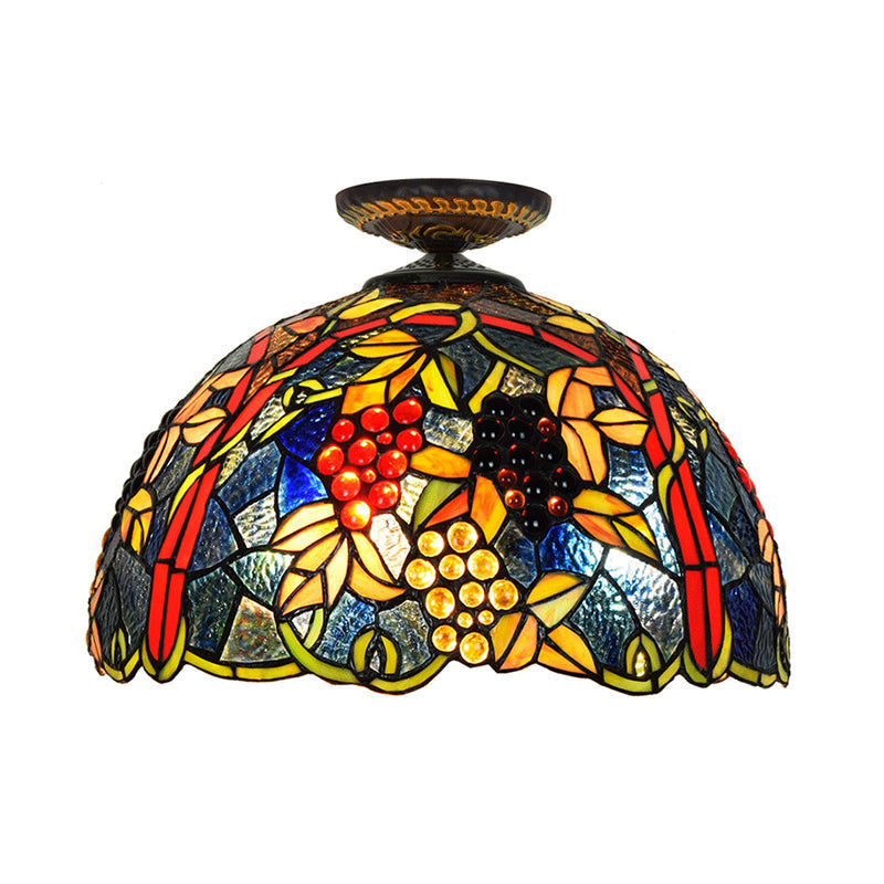 Victorian Domed Flush Ceiling Light - Brass With Grape Pattern 12’/16.5’ Width Stained Glass 1