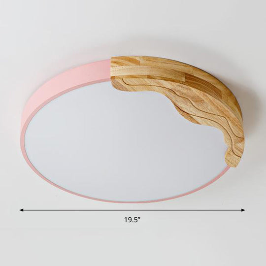 Modern Macaron Style Acrylic Led Ceiling Light With Wooden Deco - Pink Circular Flush Mount Lamp