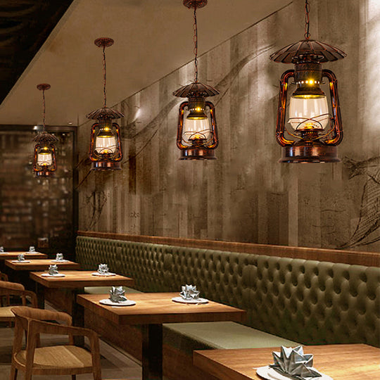 Coastal Restaurant 1-Head Metal Pendant Lamp With Clear Kerosene Glass Shade In Brass/Copper