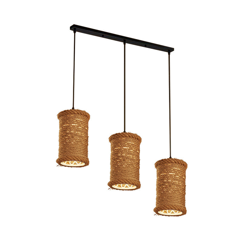 3-Head Brown Rope Pendant Light For Dining Room Ceiling With Round/Linear Canopy