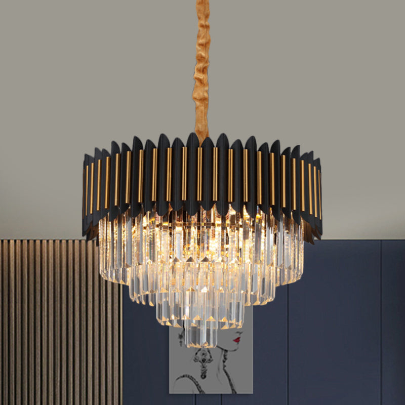 Modern Black And Gold Conic Pendant Chandelier With Crystal Block Shade - Simplicity 6/12-Bulb
