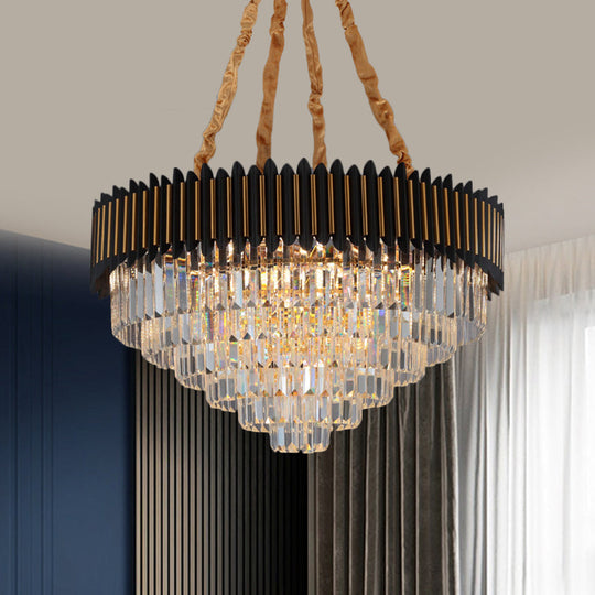 Modern Black And Gold Conic Pendant Chandelier With Crystal Block Shade - Simplicity 6/12-Bulb