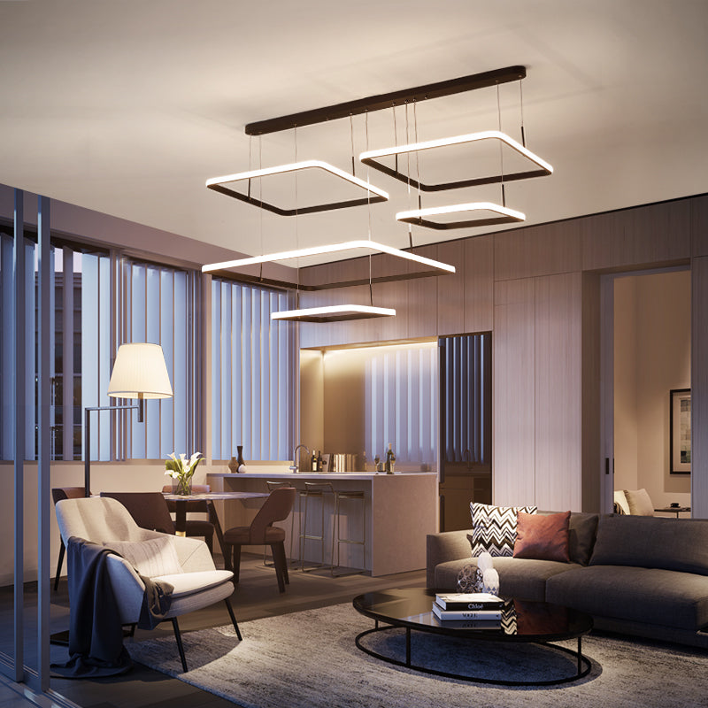Contemporary 2/3/5-Head Chandelier Lamp - Brown Rectangle Suspension Light With Acrylic Shade In
