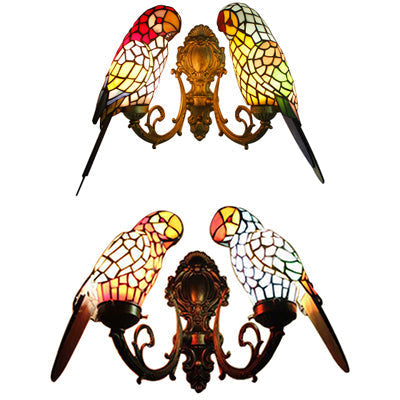 Rustic Loft Stained Glass Parrot Wall Sconce Light With 2 Heads - Brass/Bronze Finish For Foyer