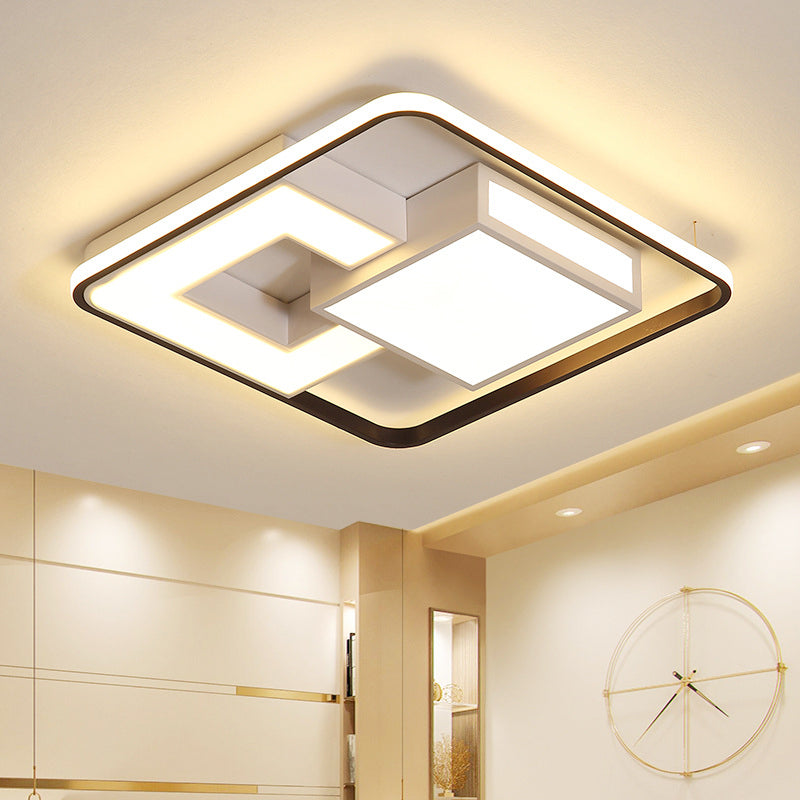 Contemporary Black And White Led Flush Mount Lamp In Warm/White Light - Metallic Block Design For