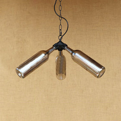 Rustic Blue/Clear Glass Pendant Light Fixture With Chain - Stylish 3 Bulbs Bottle Chandelier Lamp