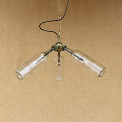 Industrial Style 3-Light Glass Bottle Chandelier With Pipe Design In Black/Clear