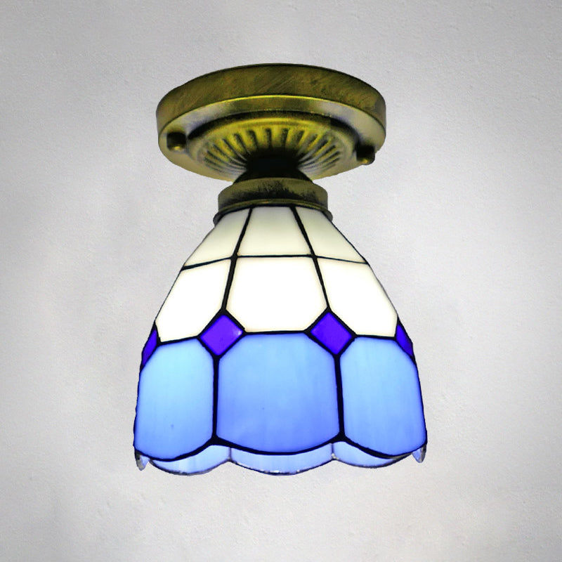 Classic Bell Shade Glass Semi Flush Ceiling Light - 1 Head Mount Blue / 6
