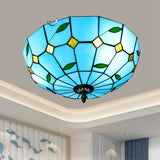 Stained Art Glass Flush Mount Ceiling Light With Traditional Bowl Shade Sky Blue / 16