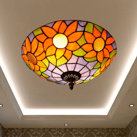 Stained Art Glass Flush Mount Ceiling Light With Traditional Bowl Shade Purple / 12