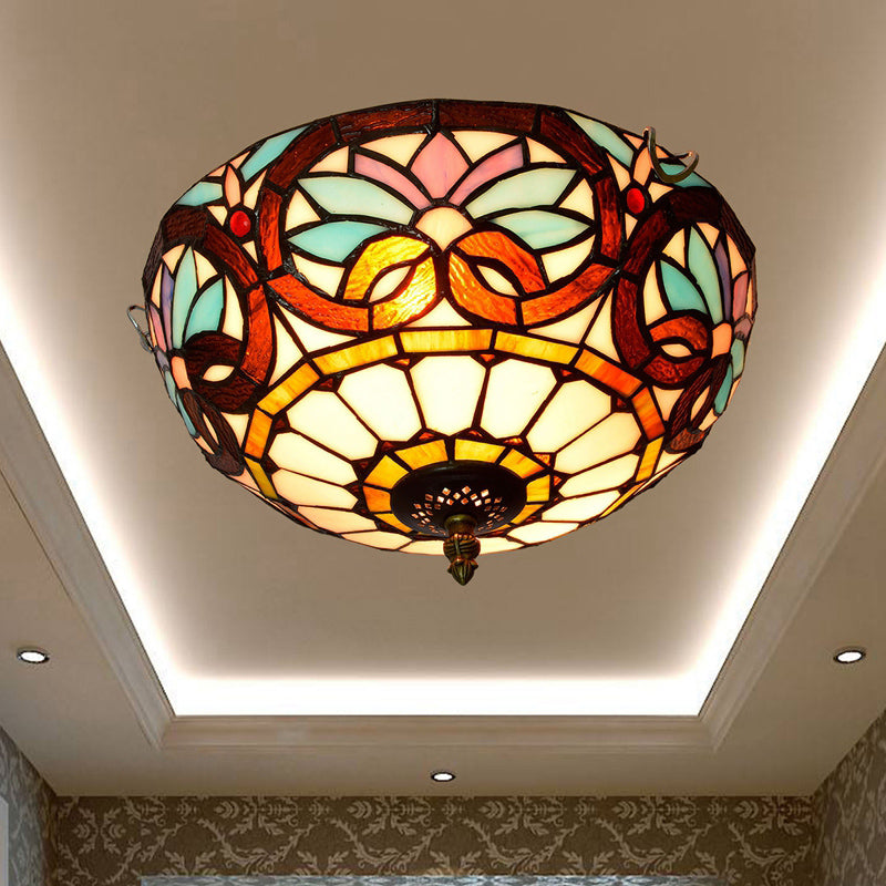 Stained Art Glass Flush Mount Ceiling Light With Traditional Bowl Shade Brown / 12’