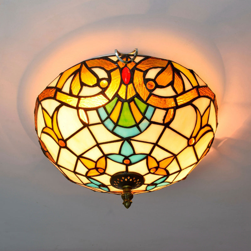Stained Art Glass Flush Mount Ceiling Light With Traditional Bowl Shade Beige / 12